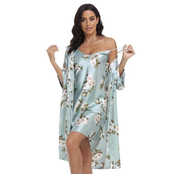 Other - 1293 Satin Robes Set with Nightgown Silk Kimono Pajamas 2 Piece Sleepwear